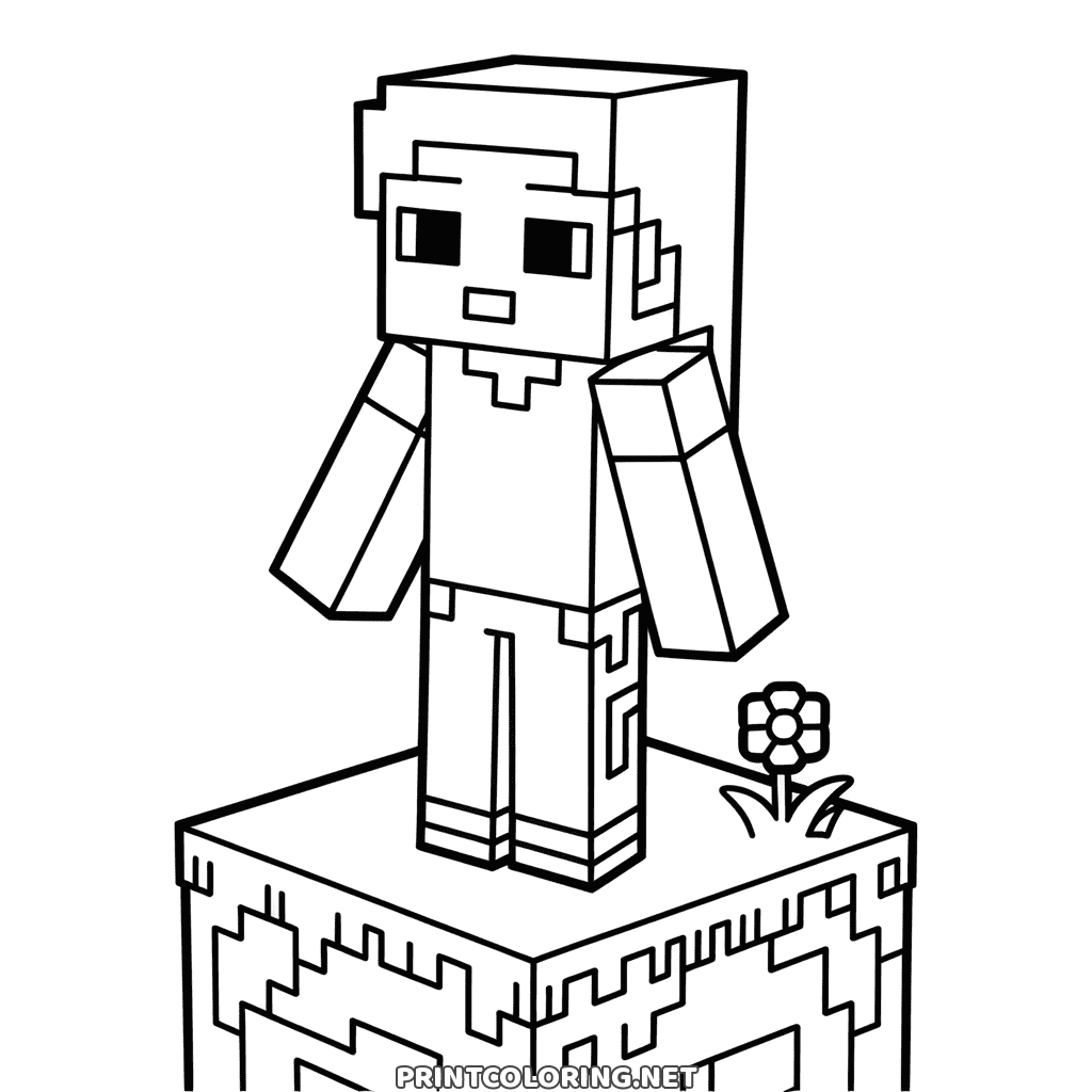 Minecraft Alex coloring page: Alex standing on a stone block next to a little flower