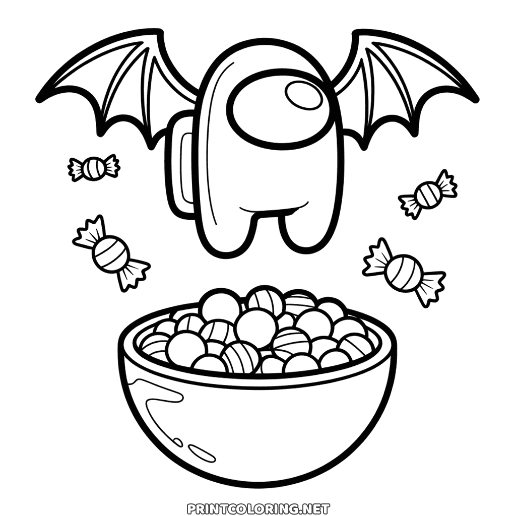 Easy Among Us Halloween coloring page: a crewmate with bat wings over a bowl of sweets