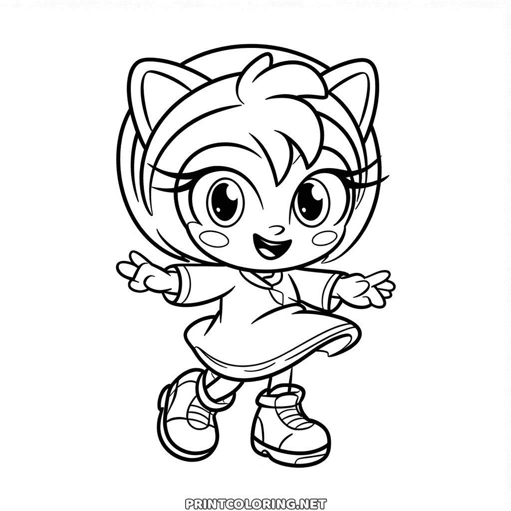 Amy Rose, l'amie de Sonic, fait coucou en robe et en bottes : un coloriage mignon
