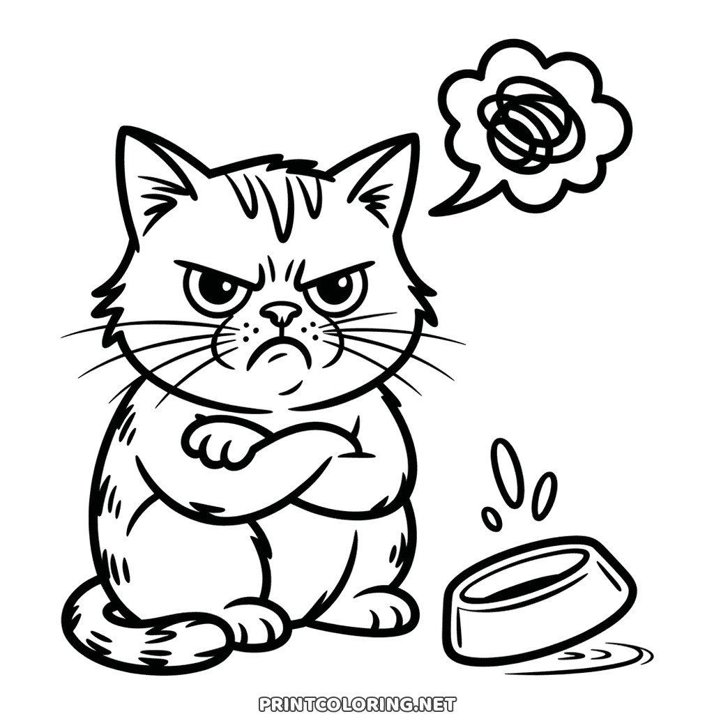 Angry cat coloring page: crossed paws and an empty bowl tipped over beside