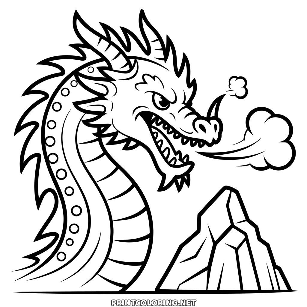 Wütender Drache als Ausmalbild: ein fauchender Drache mit scharfen Zähnen schnaubt Rauch neben einem Felsen