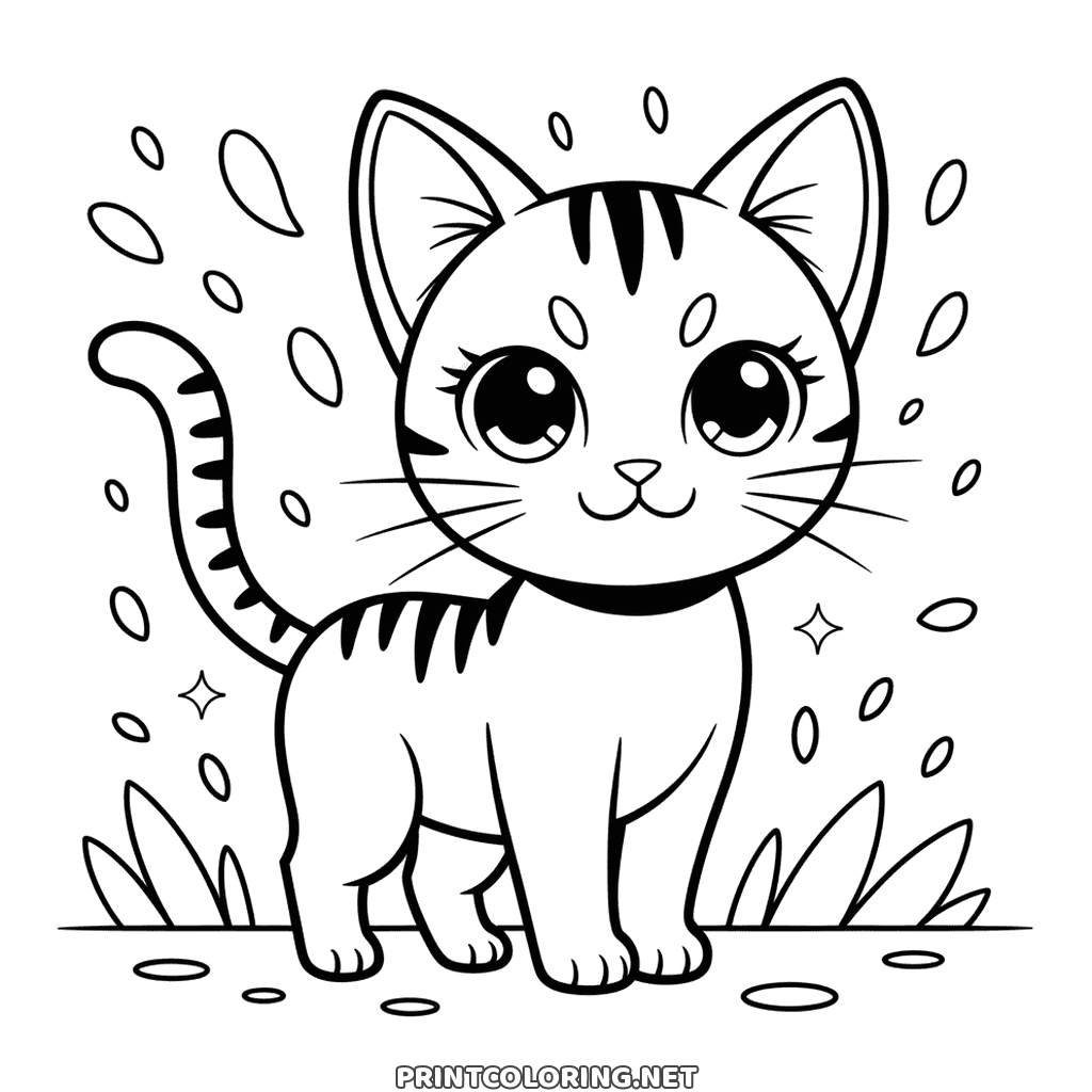 Ausmalbild Anime Katze: eine junge Tigerkatze im Gras mit riesigen Augen