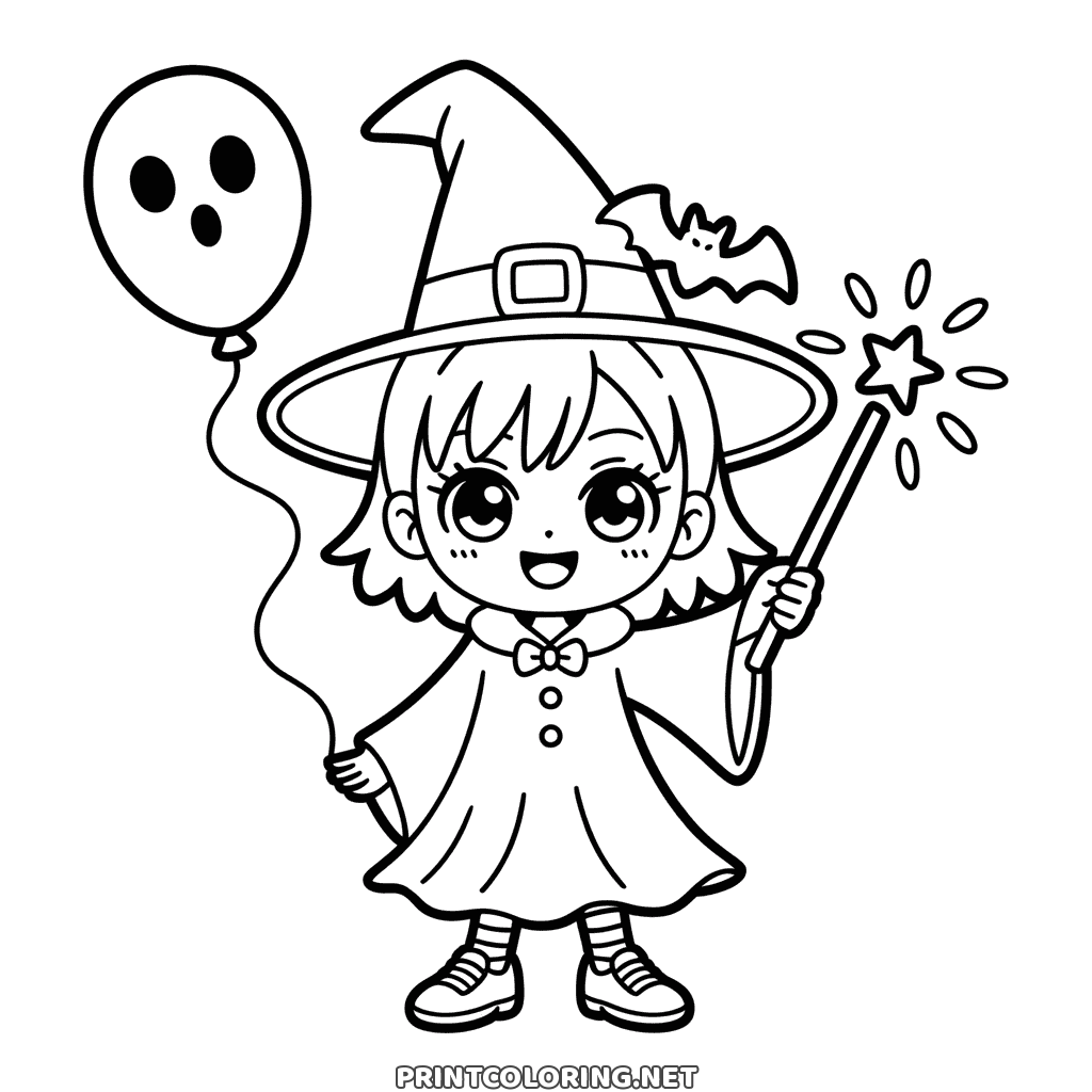 Coloring page of a kawaii Halloween witch with a star wand and a ghost balloon