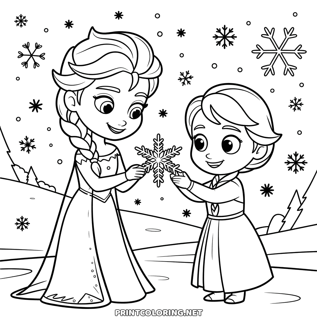 Anna und Elsa Weihnachten Ausmalbild: die Schwestern halten eine große Schneeflocke im Schneefall