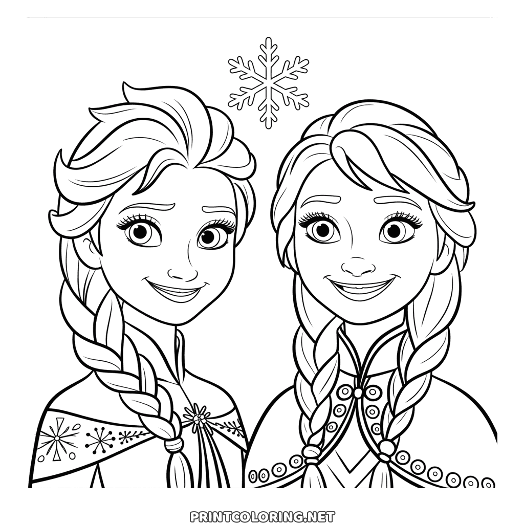 Anna and princess Elsa coloring page: shoulder to shoulder in patterned bodices