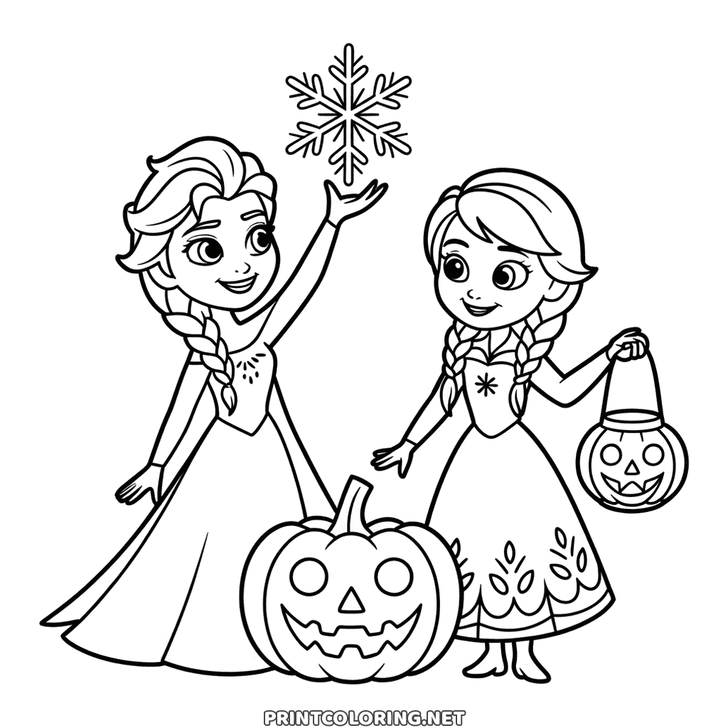 Ausmalbild von Anna und Elsa an Halloween, kostenlos: Schneeflocke und Kürbislaterne