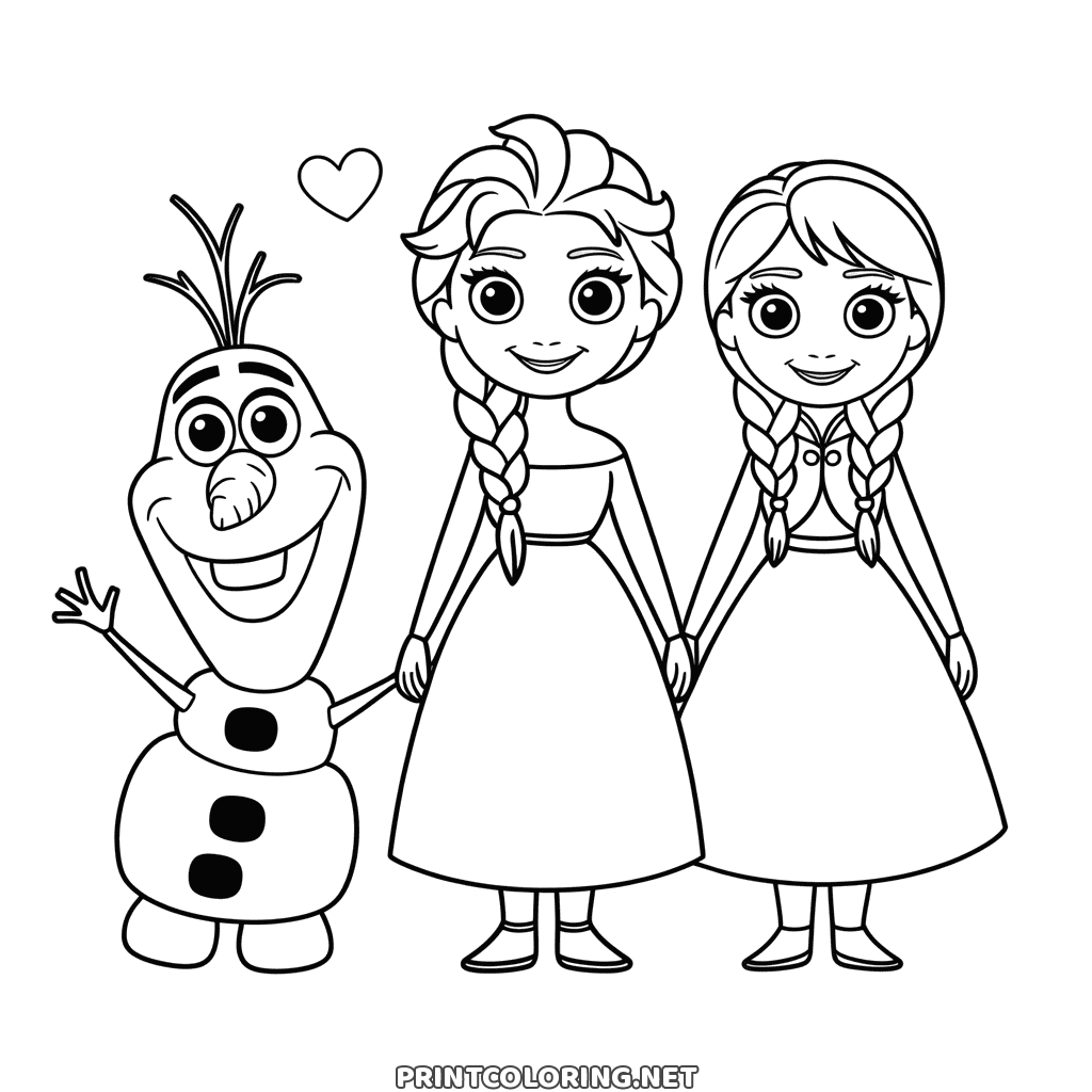 Anna und Elsa Ausmalbild mit Olaf: die Schwestern Hand in Hand, der Schneemann winkt daneben