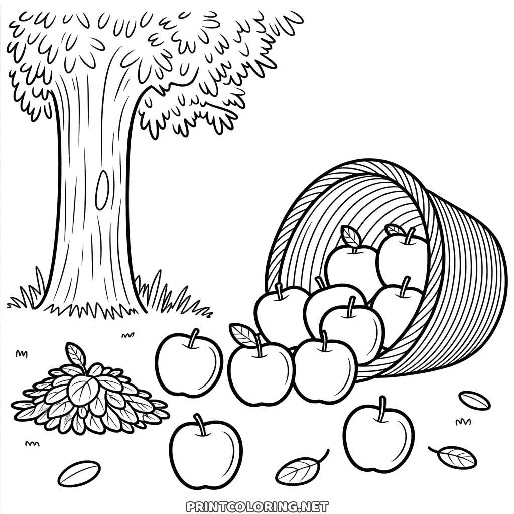 Fall apple coloring page: an overturned woven basket spilling apples near a tree and a pile of leaves