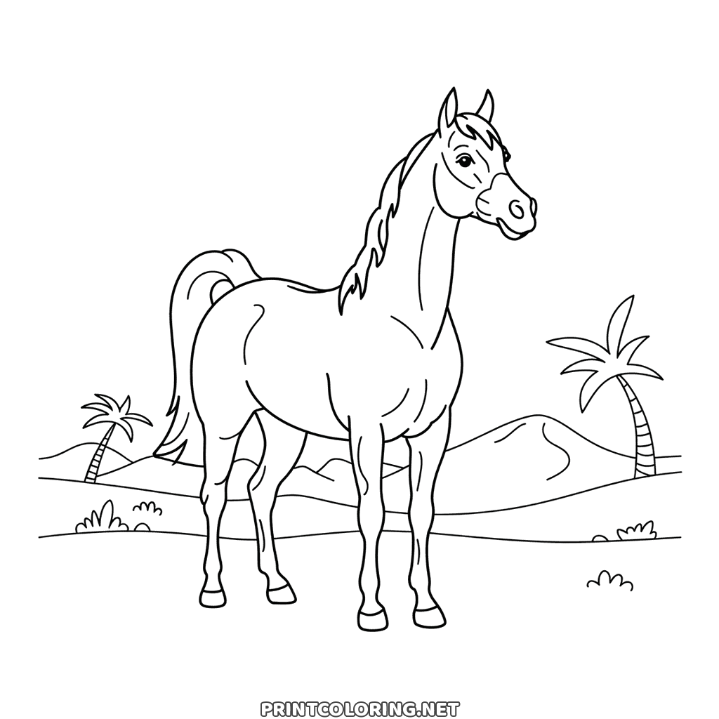 Arabian horse coloring page: a slender horse with an arched neck between palms