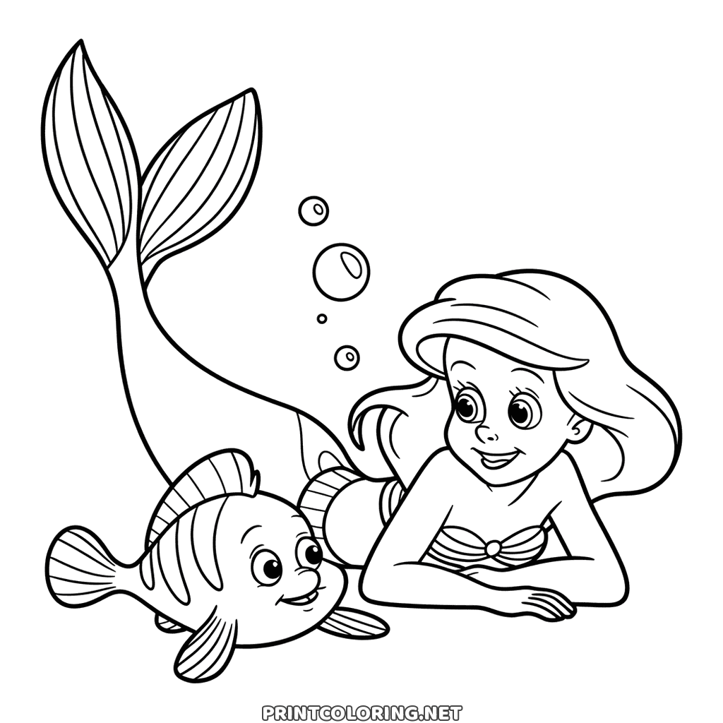 Princess Ariel coloring page: lying underwater beside Flounder with bubbles rising