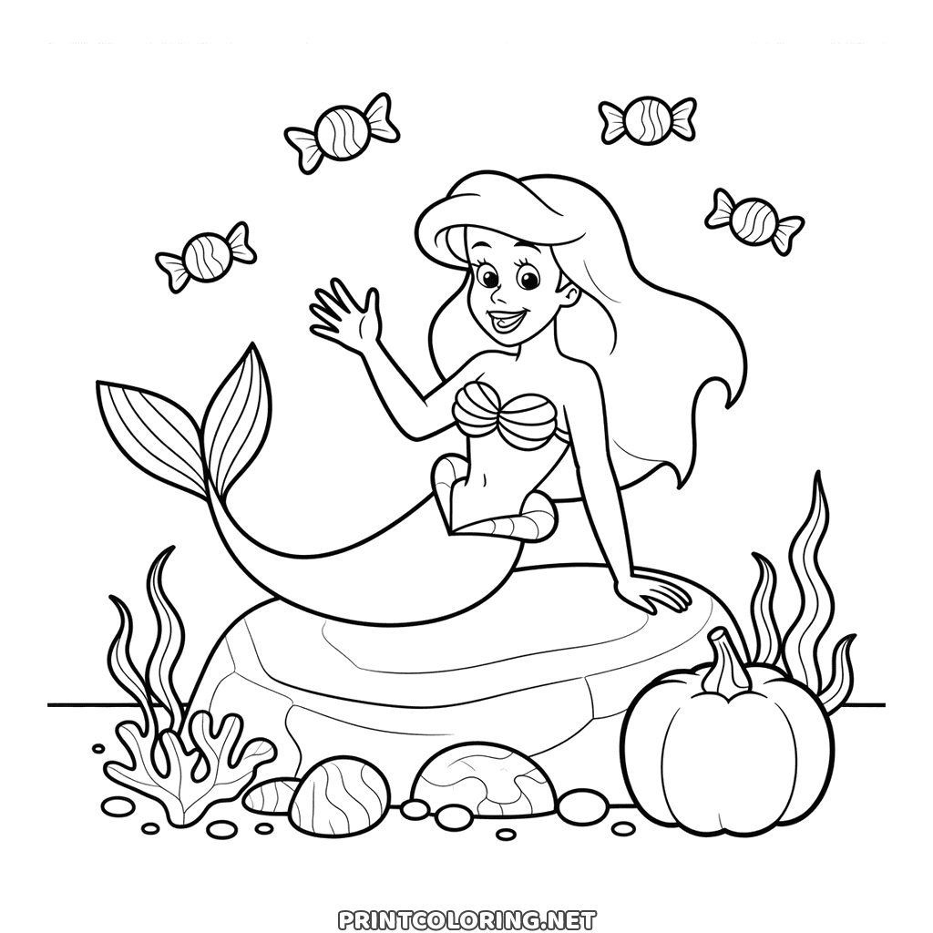 Coloring page of Ariel for Halloween: the mermaid princess waves from a rock, sweets above