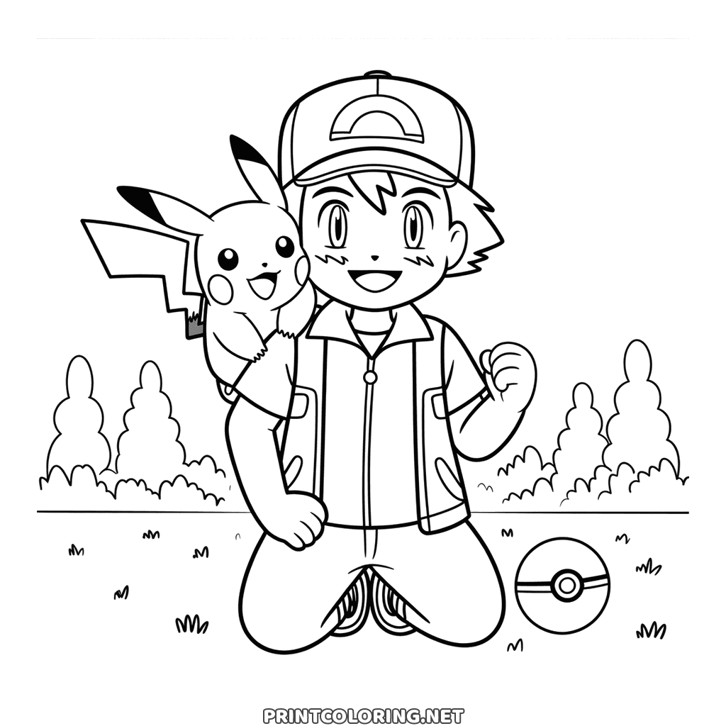 Ash and Pokémon Pikachu coloring page: Ash in his cap with Pikachu perched on his shoulder