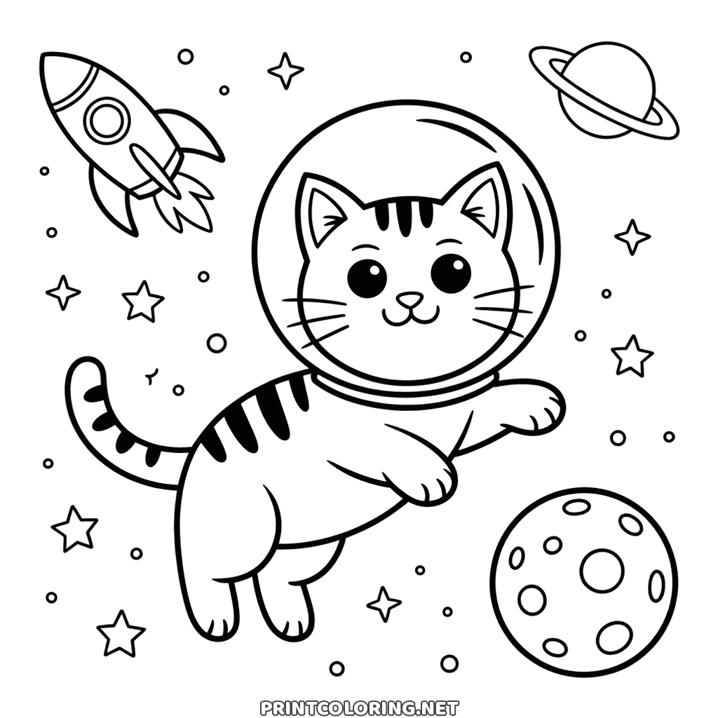 Astronaut cat coloring page: a cat in a round helmet floating among the stars