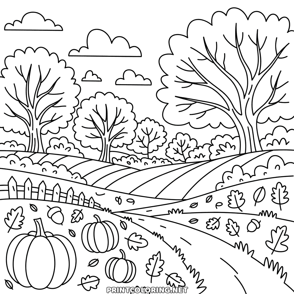 Detailed fall landscape coloring page: a country path, fields, trees, pumpkins and scattered leaves