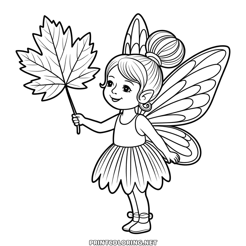 Autumn fairy coloring page: a little fairy with butterfly wings holding up a big maple leaf