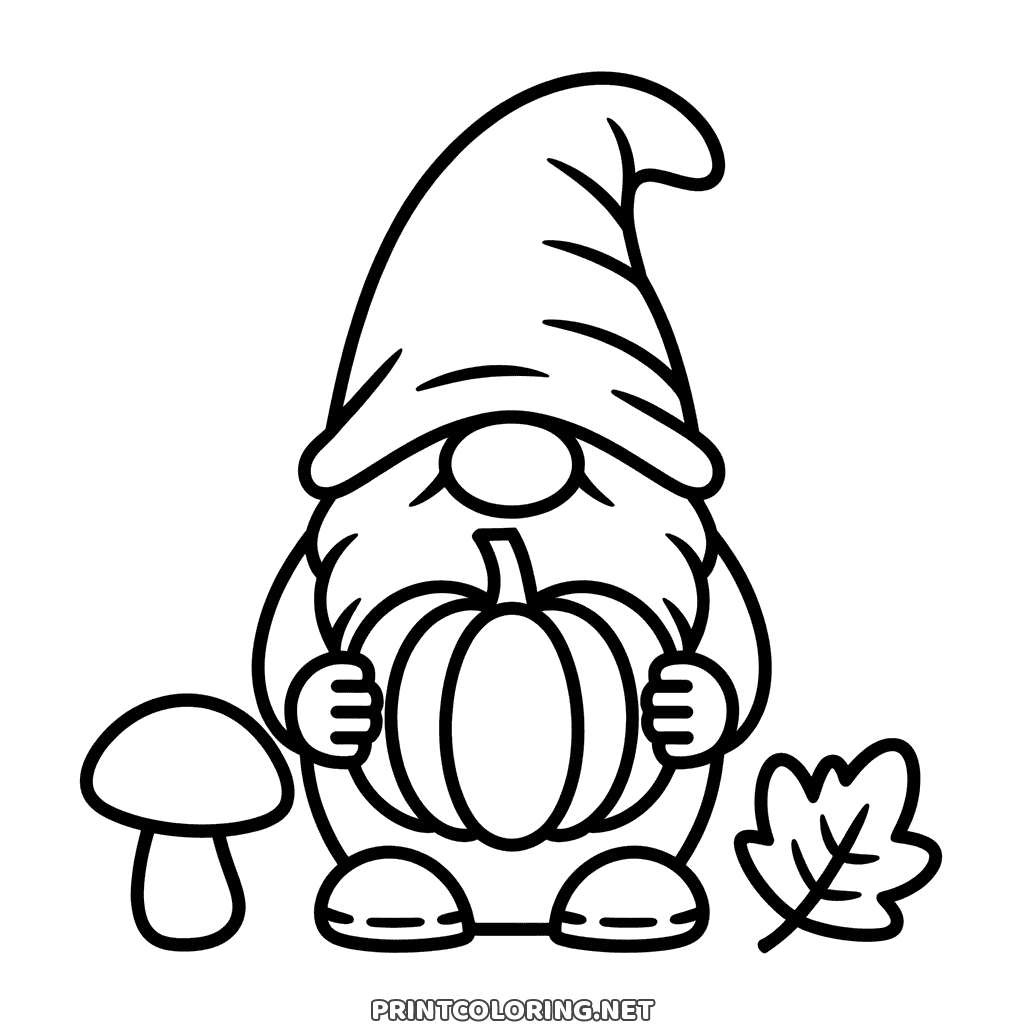 Autumn gnome coloring page: a cute gnome with a tall hat hugging a pumpkin, a mushroom beside him