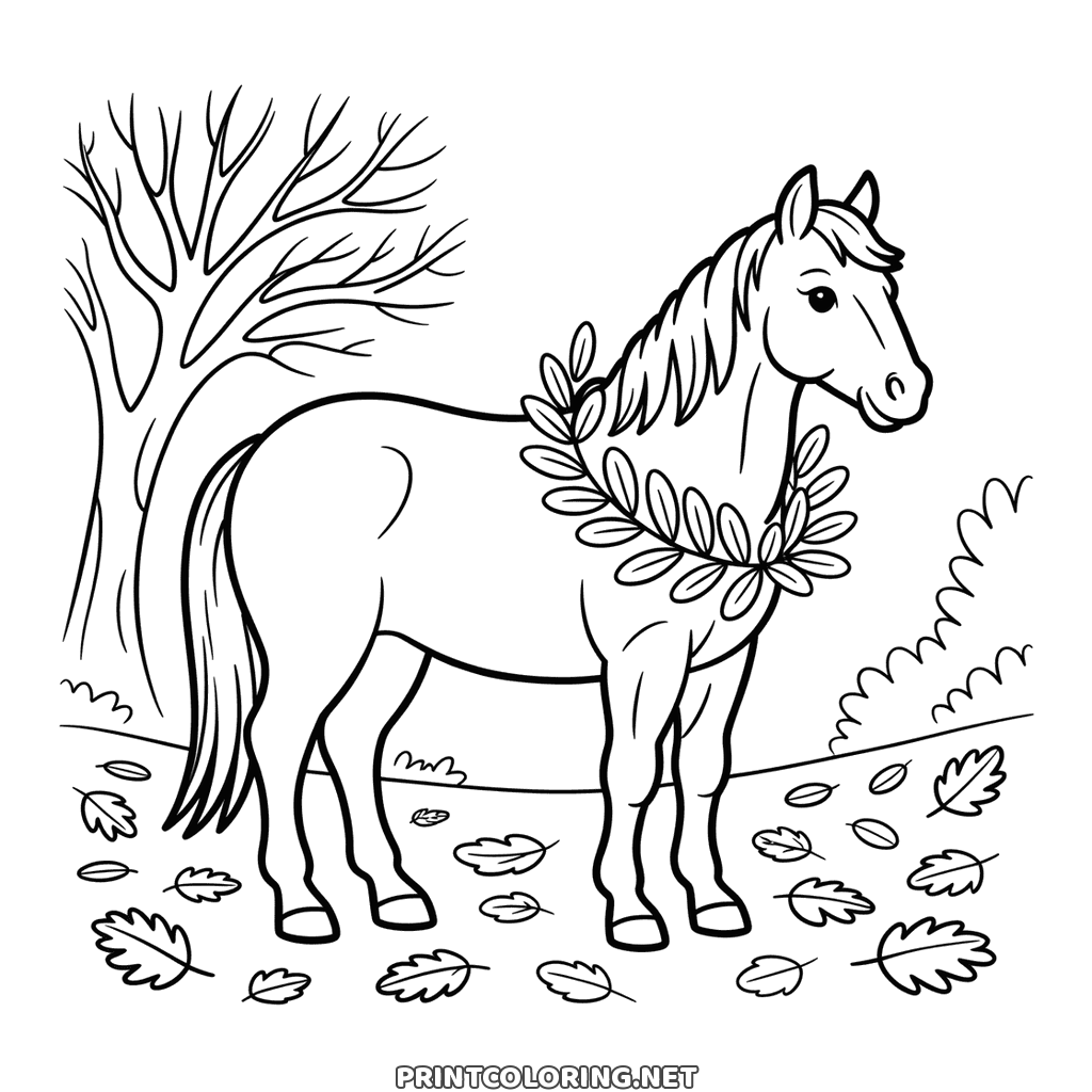 Autumn horse coloring page: a leafy wreath round its neck among falling leaves