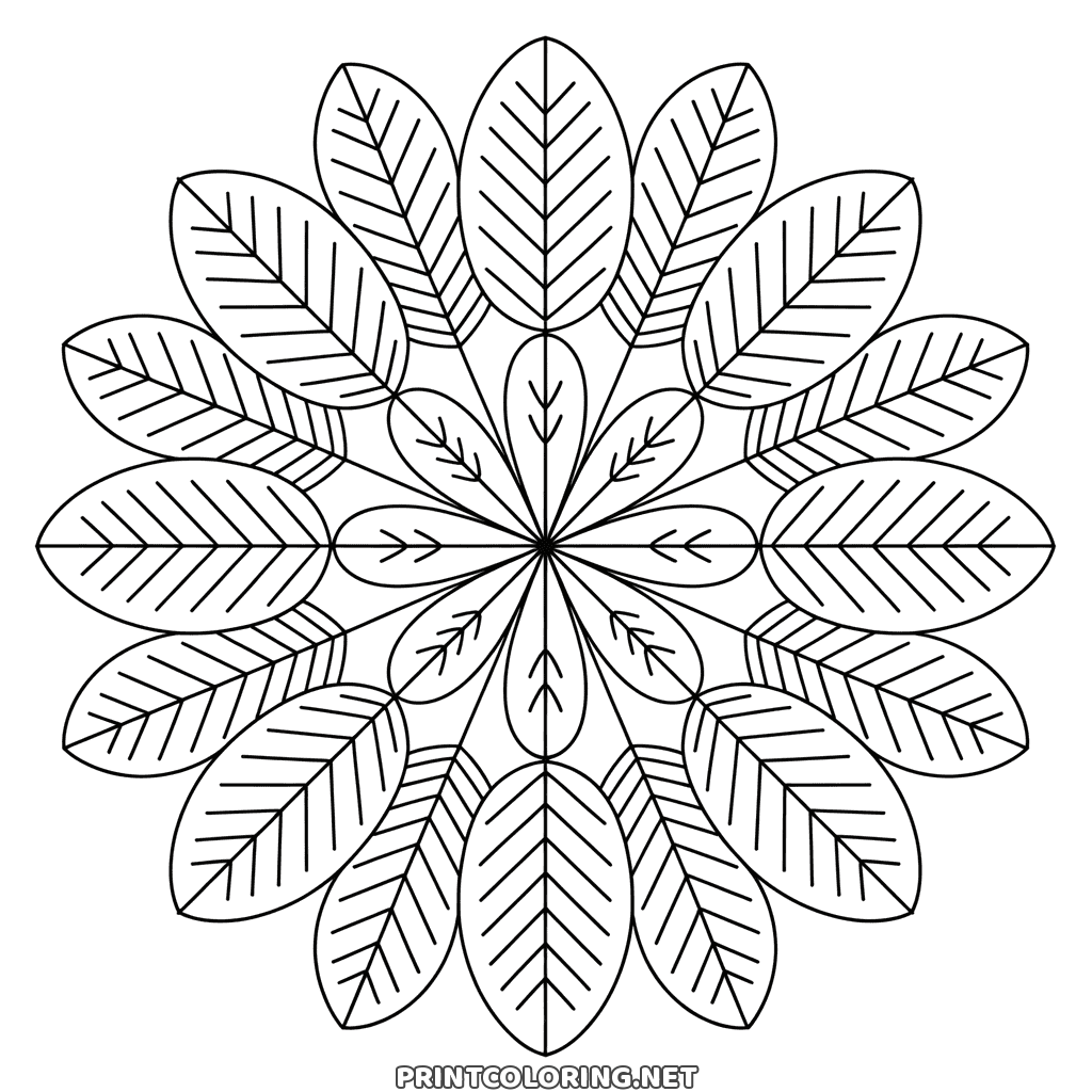 Detailed autumn mandala coloring page made of veined leaves radiating from the centre
