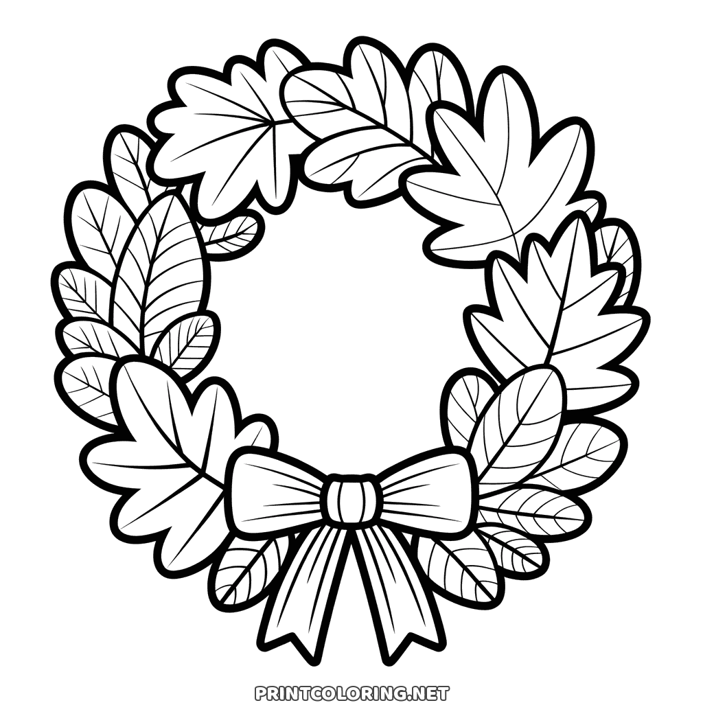 Autumn leaf wreath coloring page with several kinds of overlapping leaves and a big ribbon bow