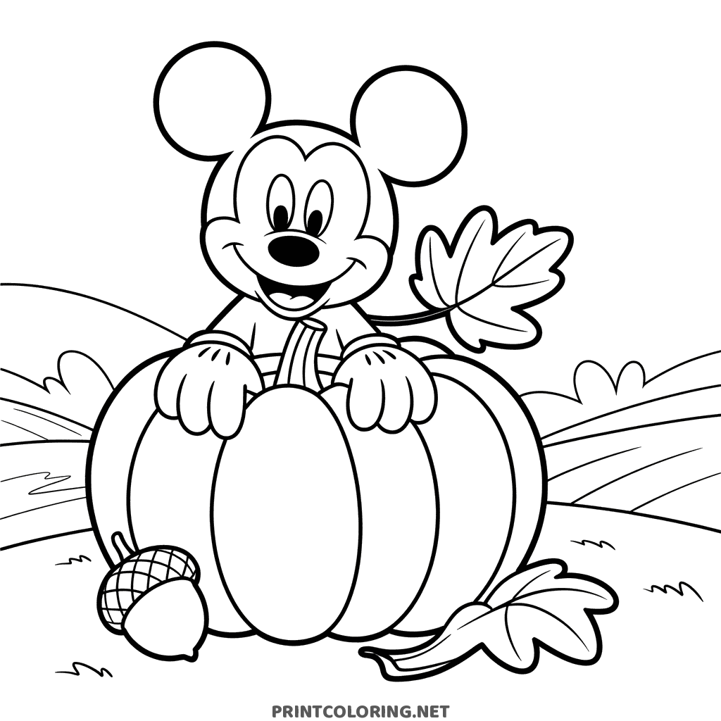 Autumn Mickey coloring page, Mickey Mouse peeking over a pumpkin with a maple leaf and acorn