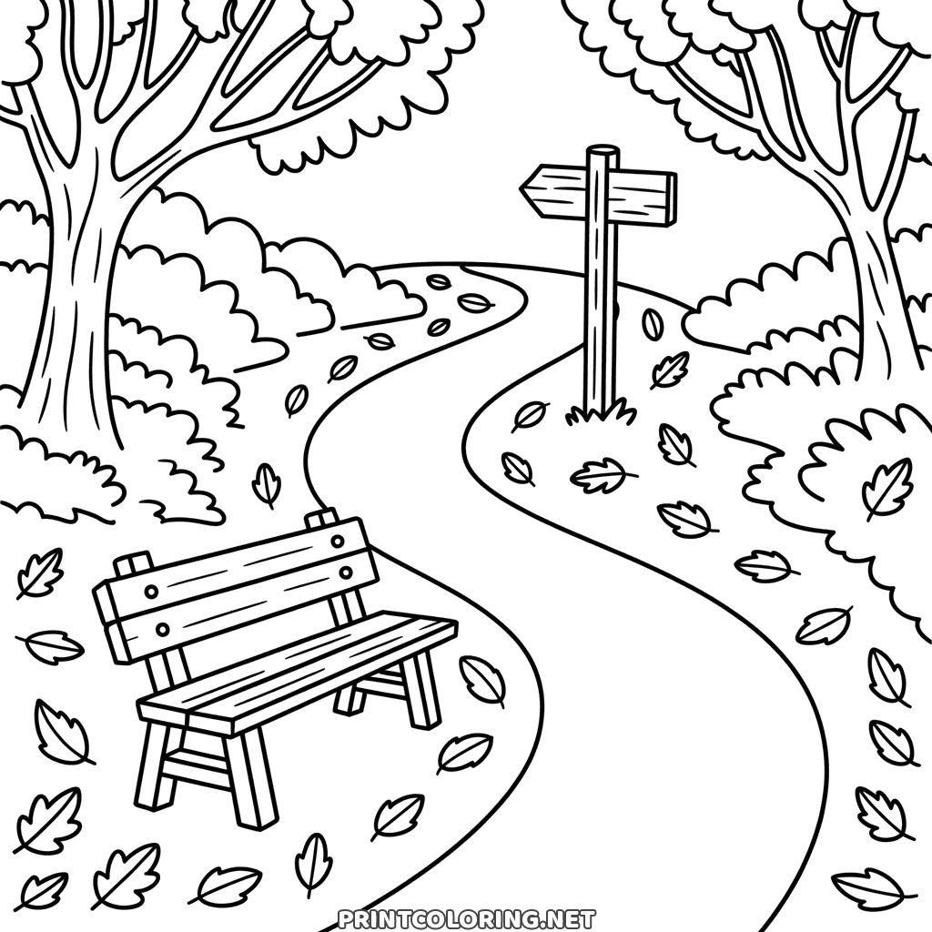 Detailed autumn coloring page: a winding park path with a wooden bench, a signpost and fallen leaves