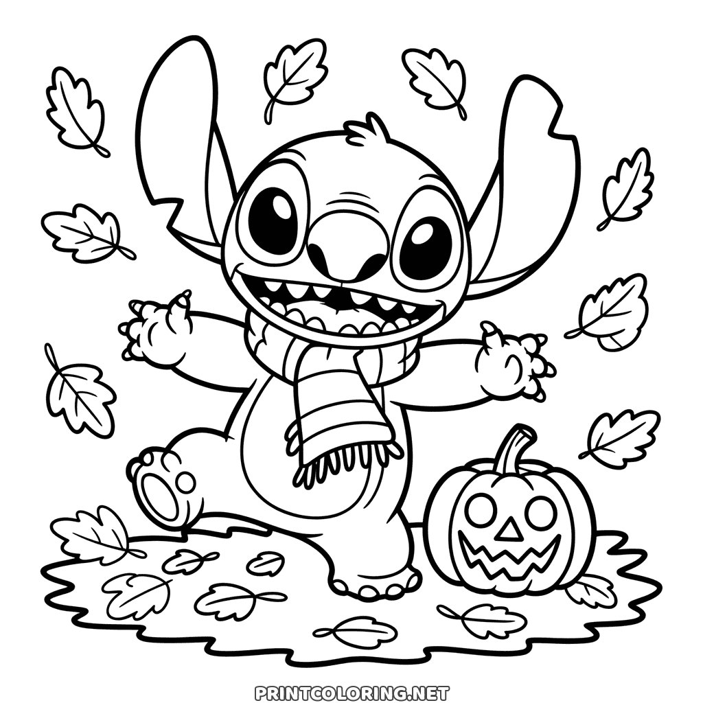 Printable drawing of Stitch to color, striped scarf, leaping into a pile of fallen leaves