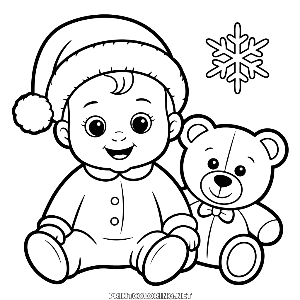 Jul tegning til farvelægning: en smilende baby med nissehue sidder ved siden af en stor bamse