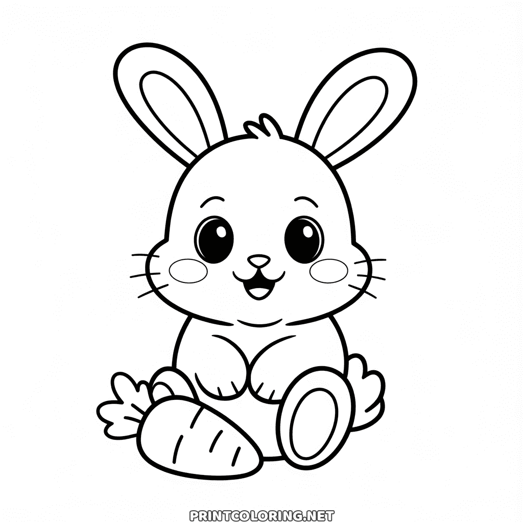Kawaii baby bunny coloring page: a smiling rabbit with round blushing cheeks and a carrot