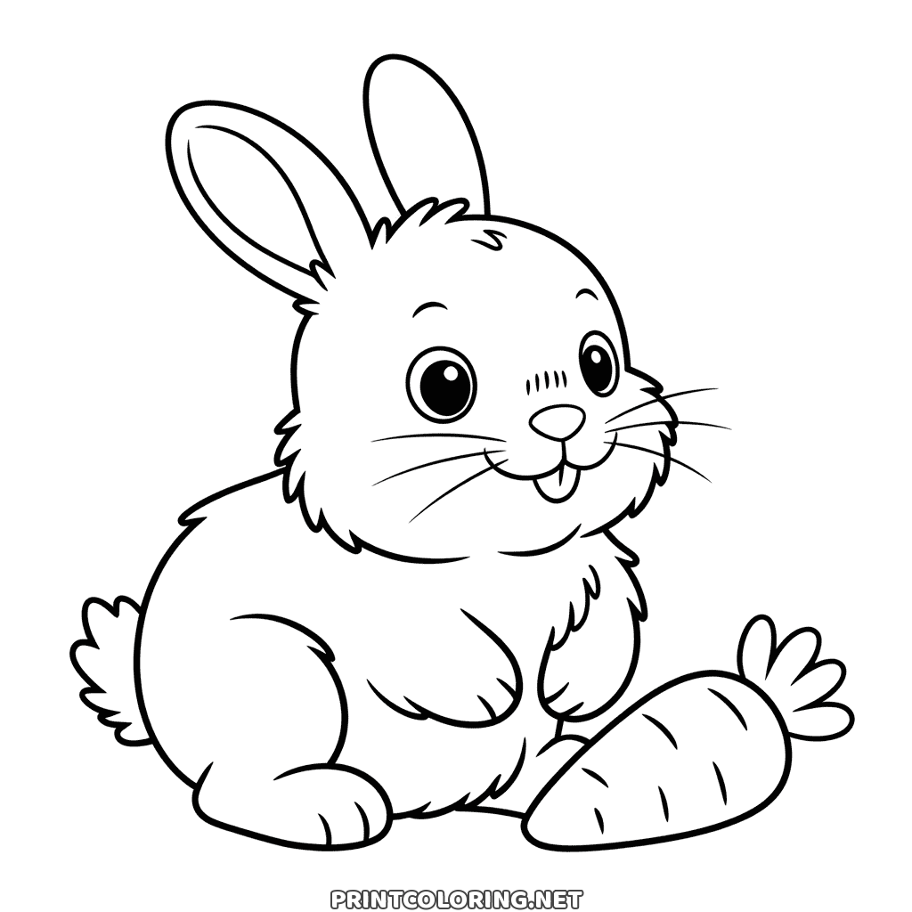 Baby bunny coloring page with a buck-toothed smile and a fat carrot lying beside it
