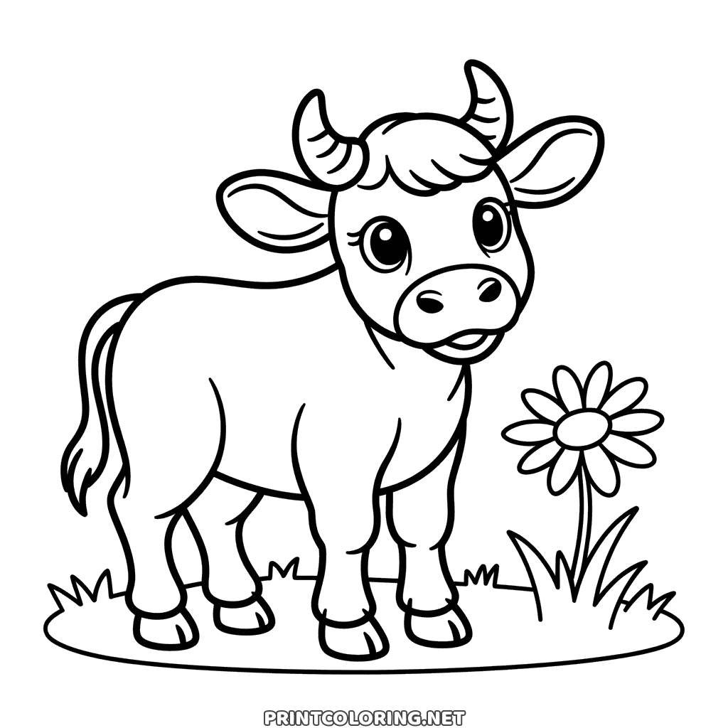 Baby calf coloring page: a big-eyed young calf with small horns beside a tall daisy