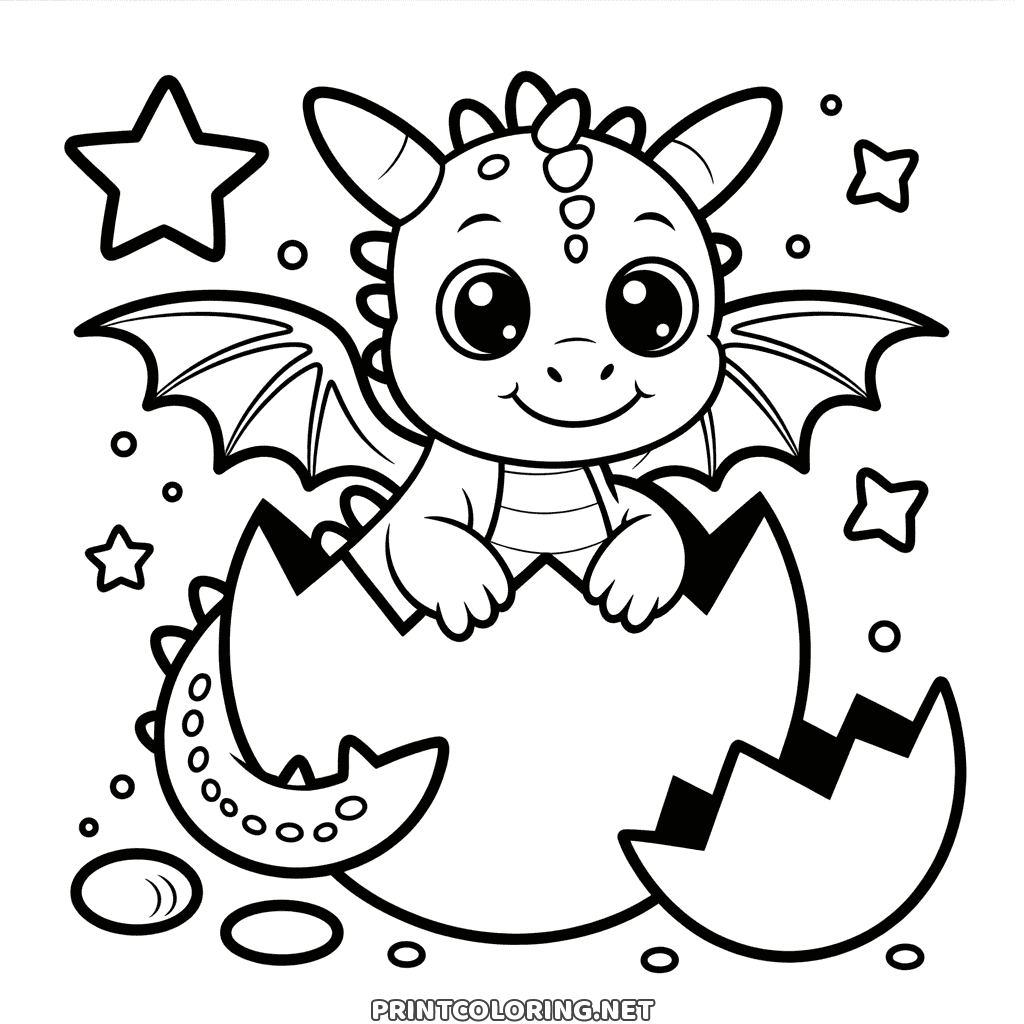 Süßes Drachen Ausmalbild: ein kleiner Babydrache schlüpft zwischen Sternen aus einem Ei