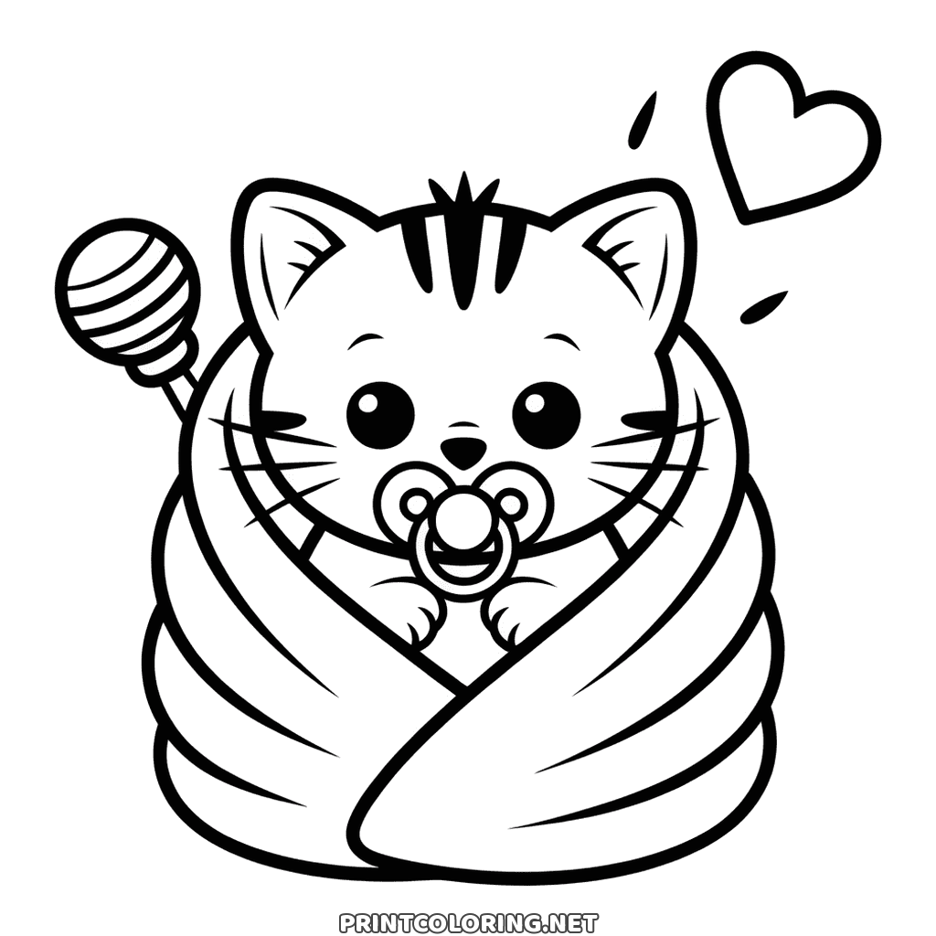 Baby kitten coloring page: a kitten swaddled in a blanket with a pacifier