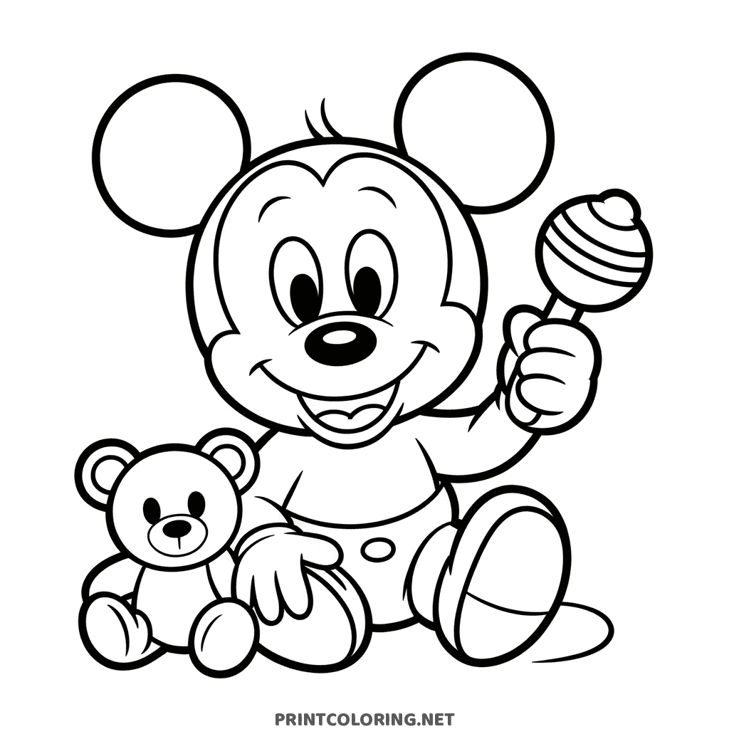 Baby Mickey coloring sheet with a striped rattle and teddy bear, easy design for toddlers