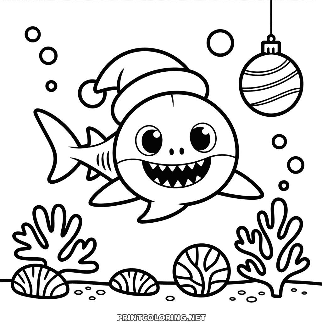 Baby Shark mit Weihnachtsmütze, einfaches Ausmalbild mit Korallen, Muscheln und einer Kugel