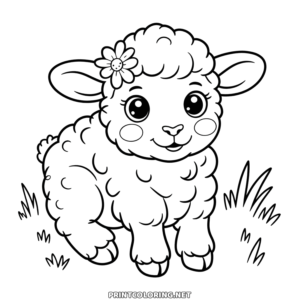 Baby lamb coloring page with big shiny eyes, rosy cheeks and a daisy in its woolly curls