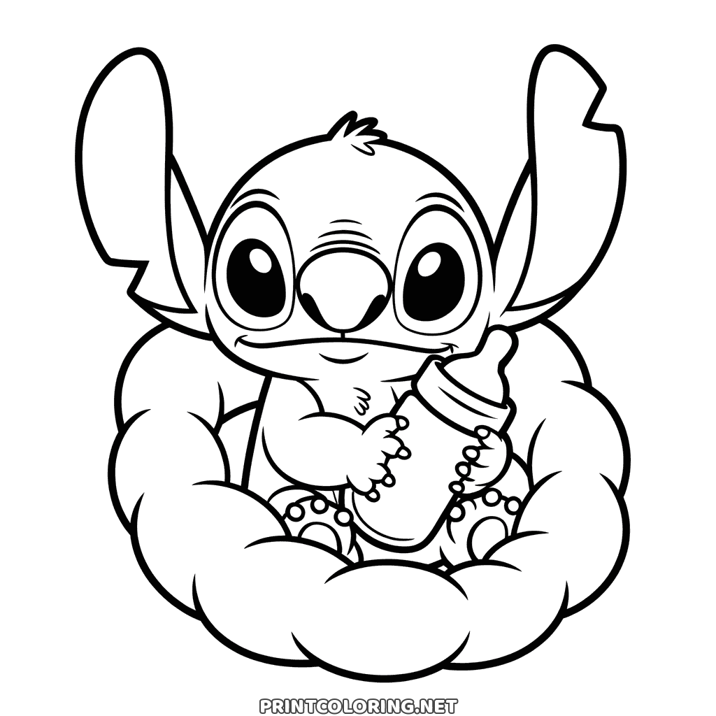 Baby Stitch Ausmalbild: der kleine Stitch hält ein Fläschchen in einem weichen, bauschigen Kissen