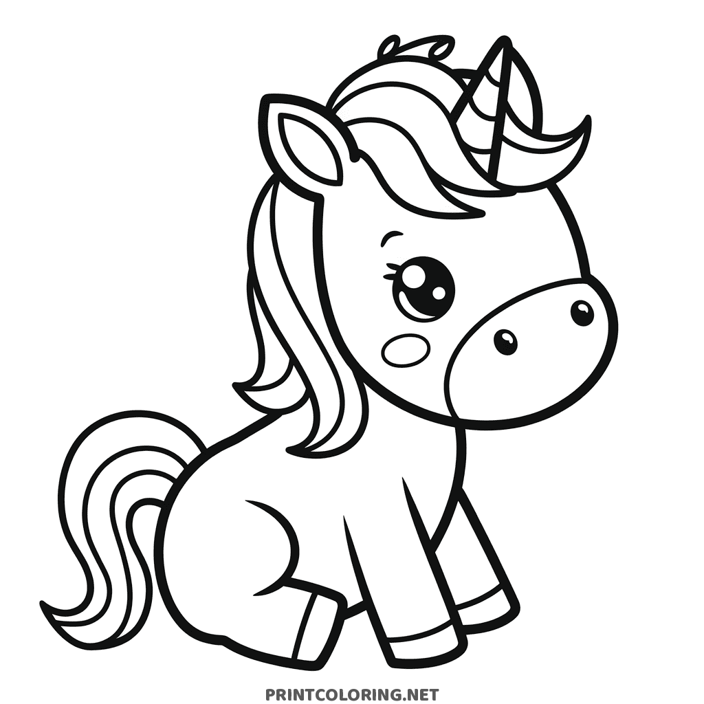 Baby unicorn coloring page, a sleepy unicorn curled up with a spiraled horn, easy design for toddlers