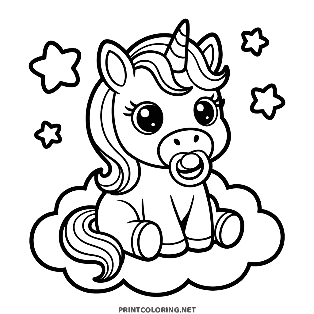 Baby unicorn coloring page sitting on a fluffy cloud with a pacifier and stars