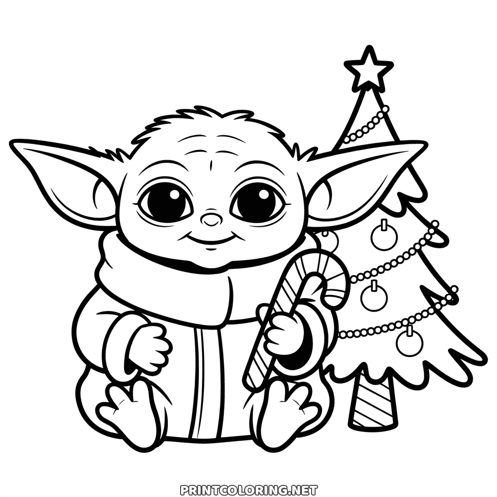 Baby Yoda Weihnachten Ausmalbild mit Zuckerstange und einem Baum voller Perlenketten, süß für Kinder