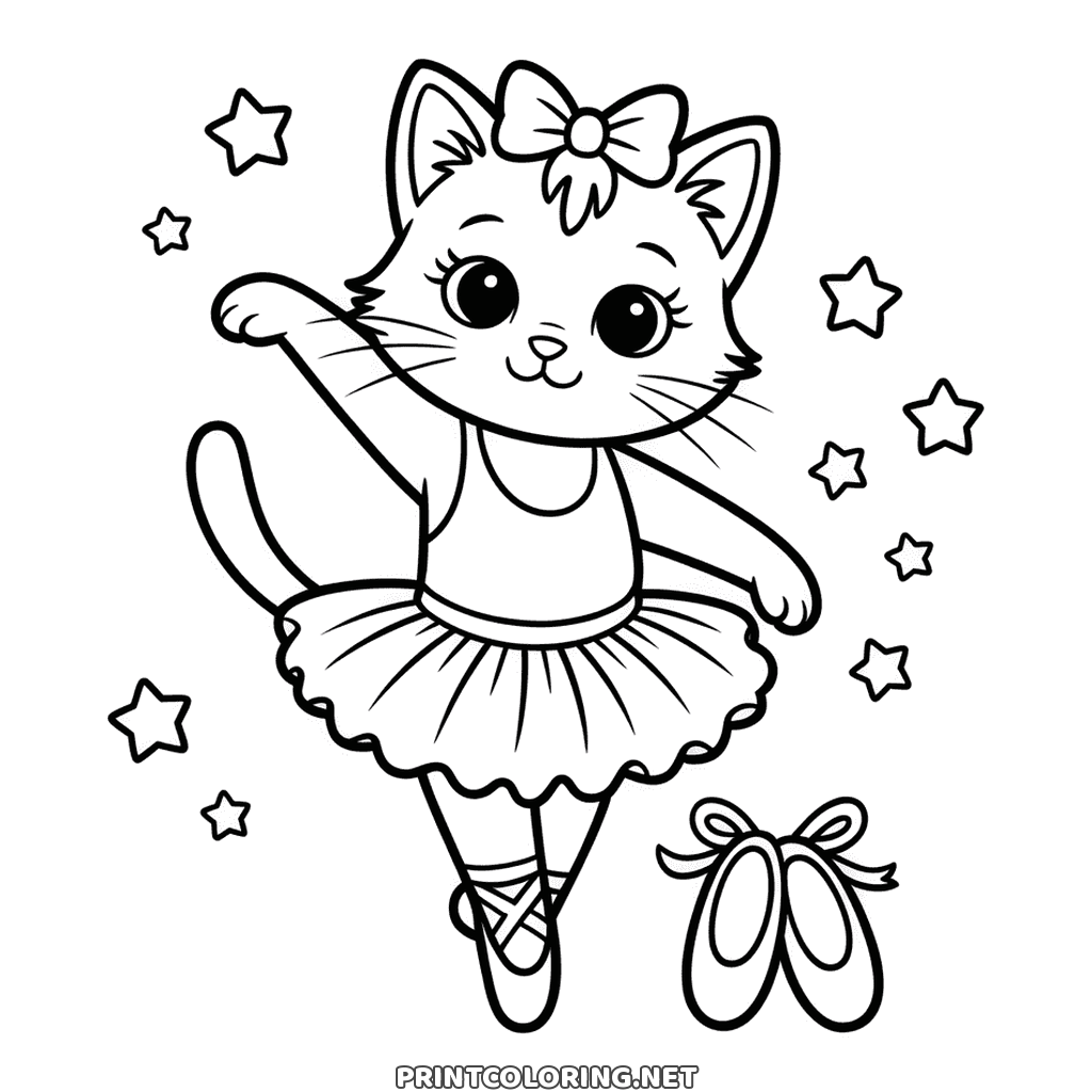 Ausmalbild Ballerina Katze: ein Kätzchen im Tutu auf der Spitze, mit Schuhen