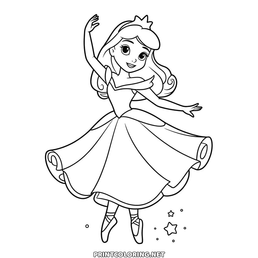 Ballerina princess coloring page: balanced on one toe in a layered skirt with stars