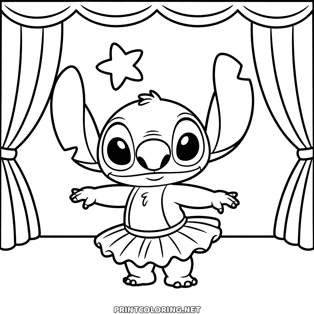 Cute Stitch coloring page: in a tutu between two curtains, a star hanging overhead