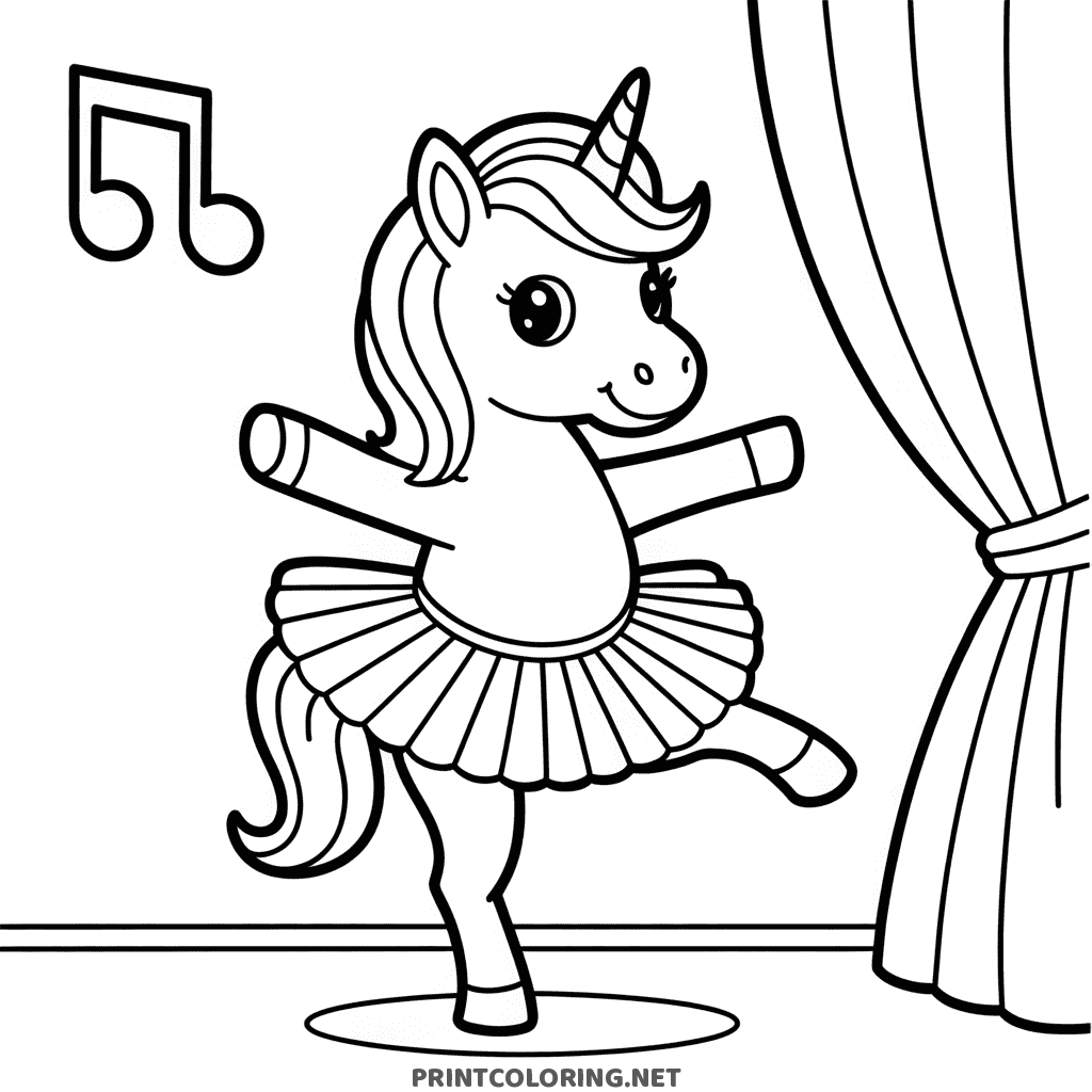 Ballerina unicorn coloring page dancing on stage in a tutu with a curtain and music note