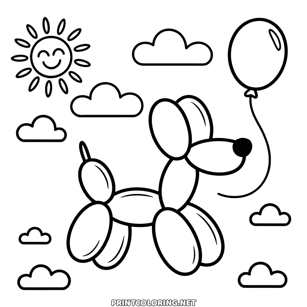 Easy balloon dog coloring page: a twisted balloon puppy, a smiling sun and puffy clouds