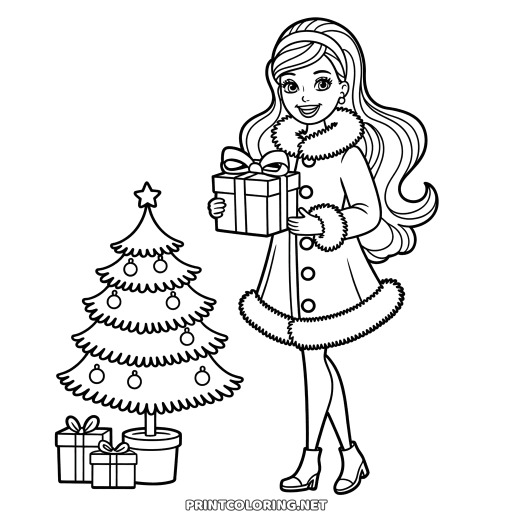 Barbie zum Ausmalen an Weihnachten: ein Geschenk in den Händen, ein Bäumchen im Topf mit Kugeln