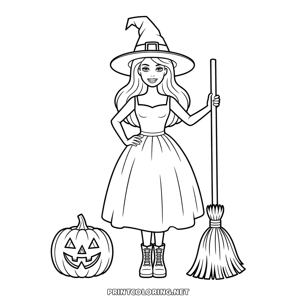 Barbie als Halloween-Hexe Ausmalbild zum Ausdrucken, mit Besen und geschnitztem Kürbis