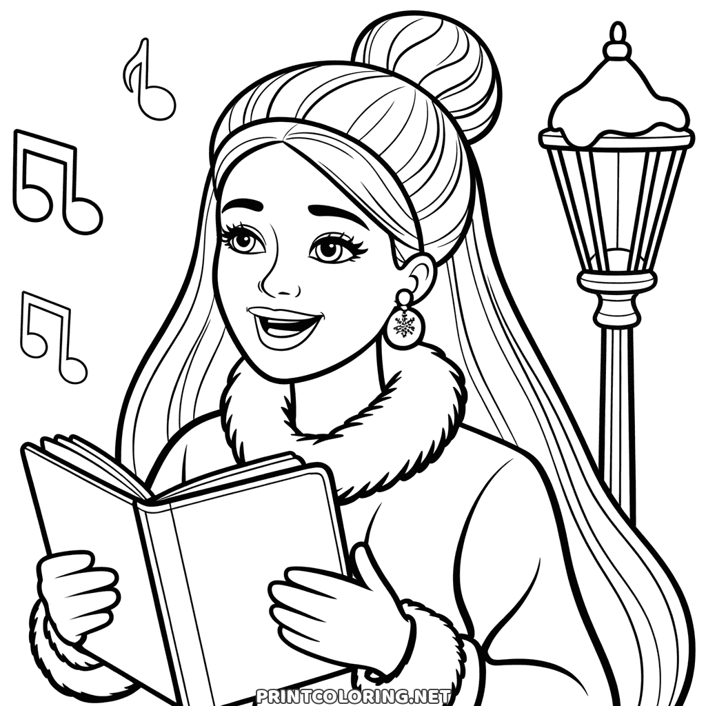 باربي تغني من كتاب الترانيم بجانب فانوس شارع قديم عليه ثلج، رسمة تلوين الكريسماس للبنات