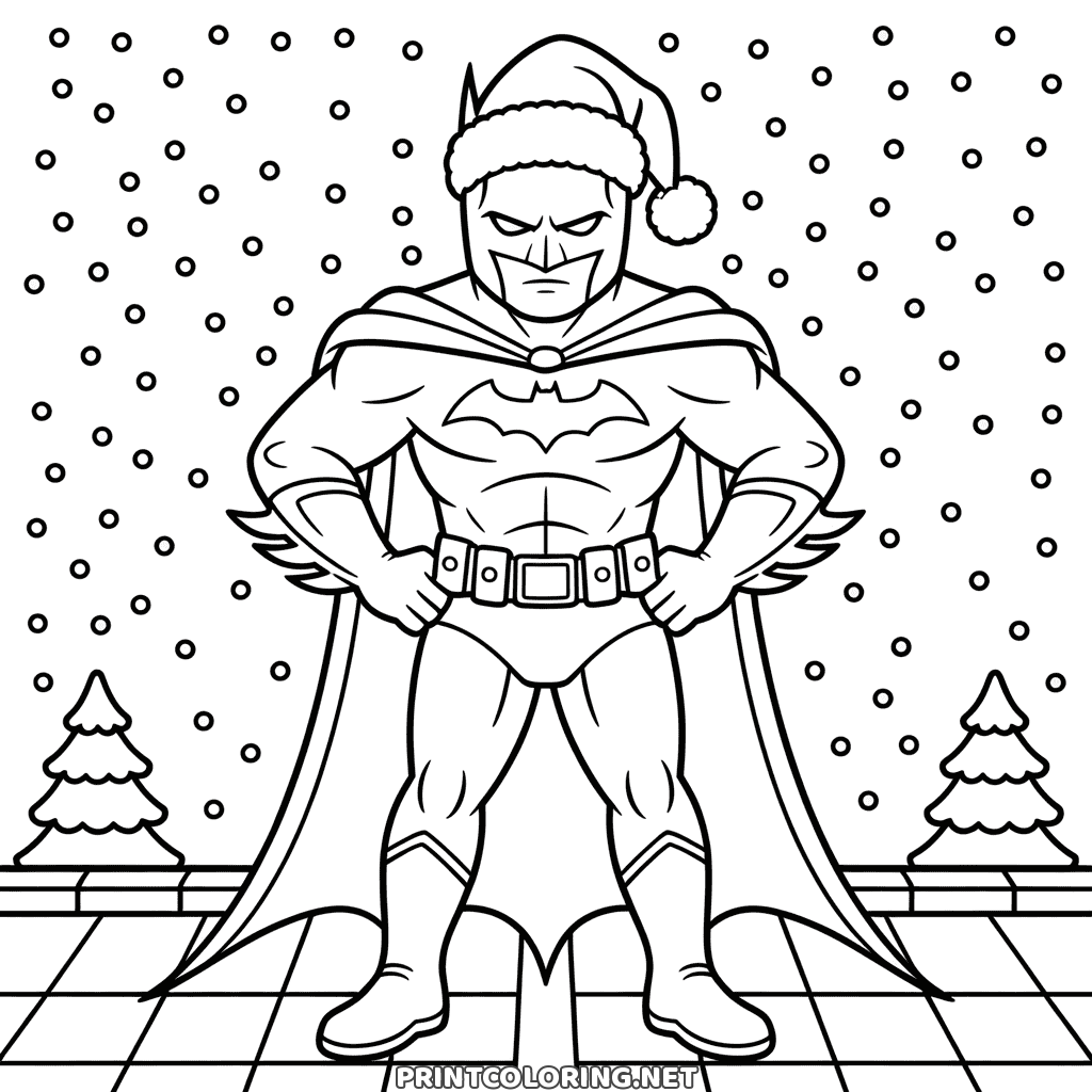 Batman Christmas coloring page, the hero in a Santa hat with his fists on his hips in the snow