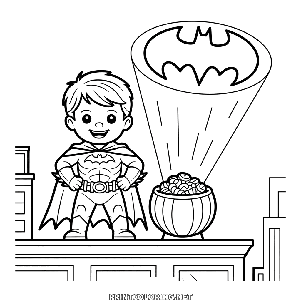 Ausmalbild für Halloween: ein kleines Kind im Batman-Kostüm neben einer Schale Süßes