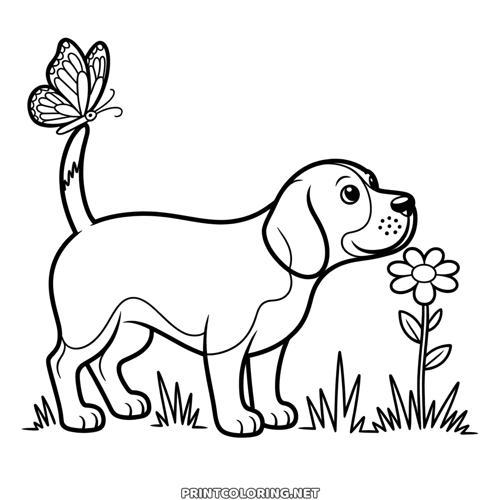 Cute beagle dog coloring page: nose to a daisy, a butterfly perched on its tail